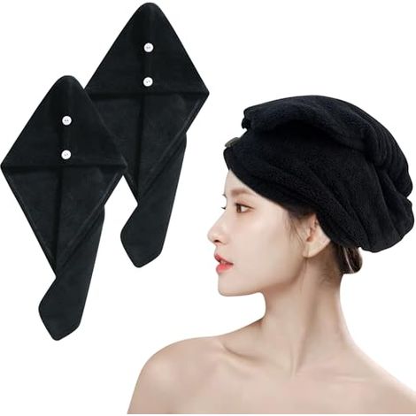 Juego de 2 toallas de microfibra superabsorbentes con botones para cabello largo y mojado, de secado rápido, para mujeres y niños, 25 x 65 cm (negras) (1/5)