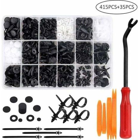 415 clips de rivet en plastique, attache de protection de rivet en plastique, clips de voiture universels noirs et blancs avec boîte de rangement et outil d'installation