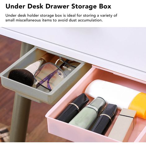 Grande boîte de rangement carrée grise, sans perçage, à fixer sous le bureau par adhésif invisible, pour fournitures de bureau et stylos de maquillage. (1/5)