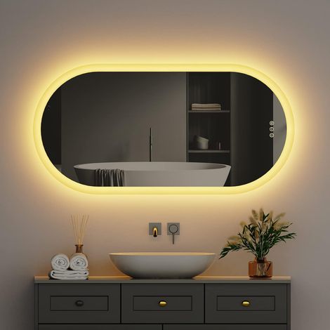 Badspiegel 100x50 Oval LED Badezimmerspiegel mit Beleuchtung Wandspiegel mit Touchschalter Beschlagfrei Dimmbar Kaltweißes Neutrales Warmweißes Licht