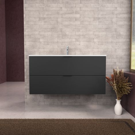 Inda - Badezimmerschrank B.120 mit mattiertem Waschbecken / Mattschwarz 2 Schubladen - Topazio