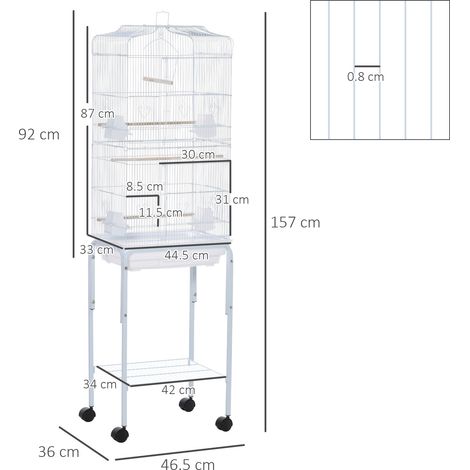 Cage à oiseaux, construction en métal/acier, avec roues, perchoirs et gamelle, 46,5 x 36 x 157 cm, blanche. (1/5)