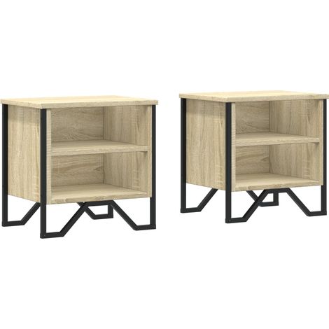 Juego de 2 mesitas de noche con estantes 40 x 30 x 40 cm madera contrachapada y metal color roble DEC035879