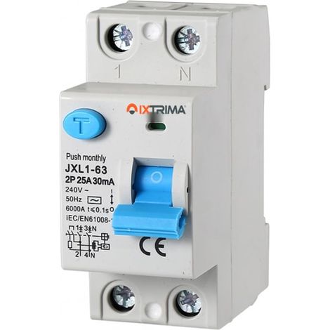 Interrupteur différentiel pur 25 A 2 pôles 2P 220 V 6 kA 30 mA 2 modules DIN, RCCB C25 (1/5)
