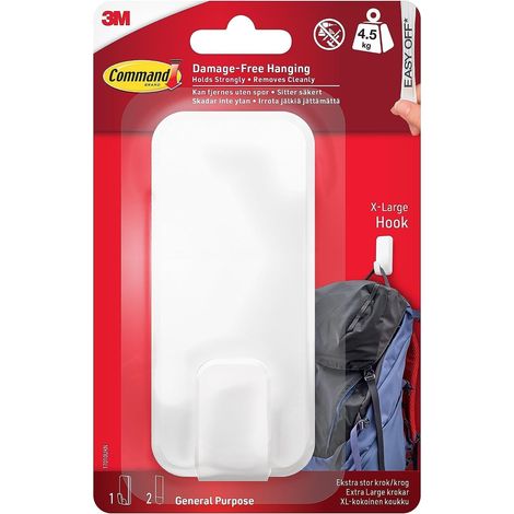 Crochet utilitaire XL pour poids lourds – 1 crochet en blanc et 2 bandes adhésives pour intérieur et autres articles jusqu'à 4,5 kg – Pas de clous, pas de trous, pas de perçage (1/5)