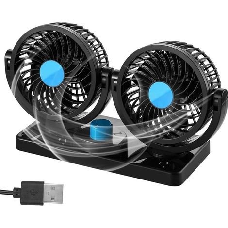 Ventilateur De Voiture, Double Tête USB Ventilateu Portable 360 Degrés Rotatif, Double Tête Ventilateur Avec 2 Niveaux De Vitesse Changer, Ventilateur Voiture Pour Camping-Car, SUV (1/5)