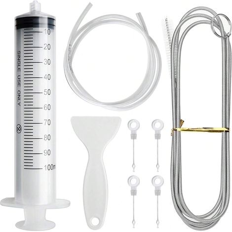 8-teiliges Kühlschrank-Reinigungswerkzeugset: Flexible Reinigungsbürste, 1,5 m PVC-Schlauch, Tauwasser, 100-ml-Spritze und 4 Küchenkühlschrank-Abflussabdeckungen. (1/5)