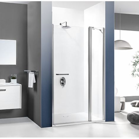 Leda – Paroi de douche pivotante 1 porte et 1 fixe – Largeur 120cm – Verre transparent 6mm – Profilés en aluminium blanc – Réversible