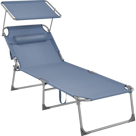 SONGMICS Bain de Soleil Grand, Chaise Longue Pliable, Transat, 71 x 200 x 38 cm, Capacité de Charge 150 kg, avec Pare-soleil, Dossier Inclinable, pour Jardin, Piscine, Terrasse, Bleu (1/5)