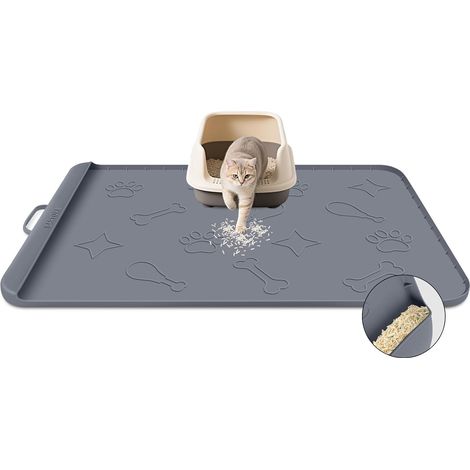 Grand Tapis pour litière pour Chat en Silicone avec Poche de Collecte, rebords et poignées, 106x71cm Tapis pour Animaux de Compagnie pour sols, imperméable antidérapant (Gris foncé) (1/5)