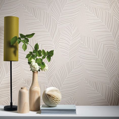 Papier peint feuille beige crème moderne | Tapisserie motif feuille beige chambre adulte | Papier peint intissé salon & salle à manger (1/4)