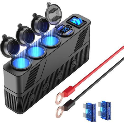 Répartiteur pour prise allume-cigare 12V/24V avec câble 3M, 3 prises allume-cigare Adaptateur multi-prises 4 port avec écran LED et interrupteur principal et indépendant, pour camion voiture embarquée (1/5)