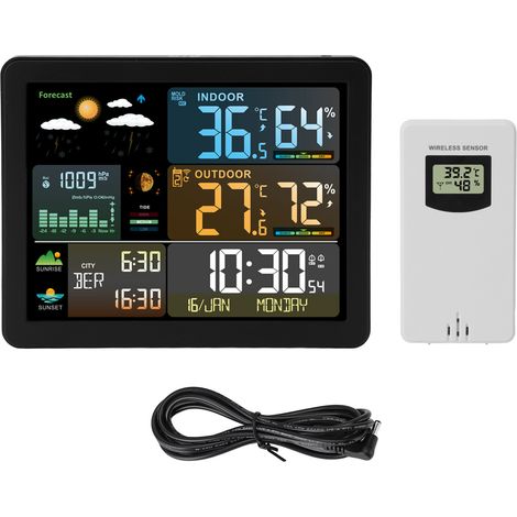 Drahtlose Wetterstation für drinnen und draußen – Farbdisplay mit drahtlosem Sensor, Wettervorhersage, Temperatur, Luftfeuchtigkeit, Mondphasen, Alarm