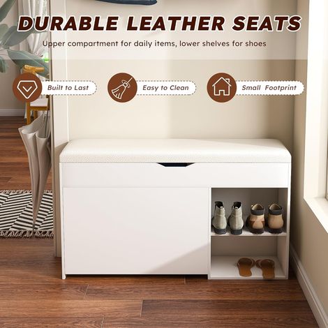 Banc à chaussures rembourré – Rangement caché, étagères, pour chambre, salon, entrée, blanc – Gain de place et assise discrète (1/5)