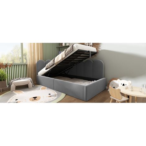 Lit double 90x190 cm. Quotidien, rangement hydraulique, sommier métal, velours. Gris (sans matelas). (1/5)