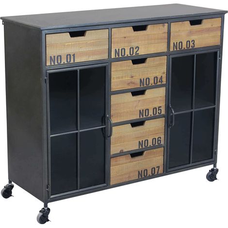 Mobile credenza madia da interno in acciaio e legno con ruote e 7 cassetti Dark (1/5)