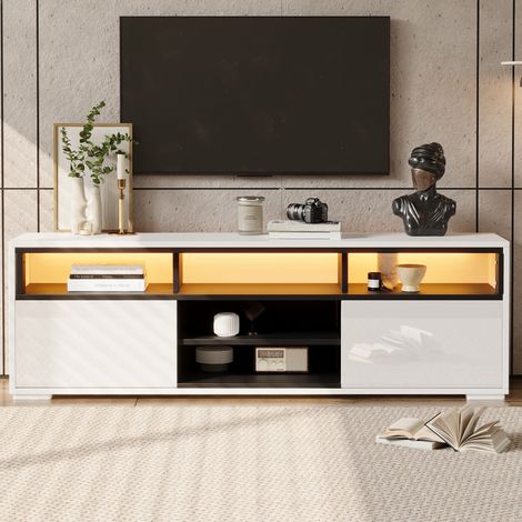 Meuble TV bas 150x35x50 cm blanc brillant avec éclairage LED et 2 portes 8 rangements petits espaces Panneau de particules