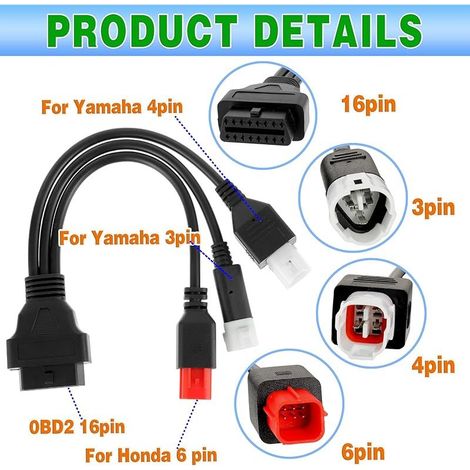 Motorrad-Adapterkabel, OBD2-Adapterkabel 3-polig, 4-polig, 6-polig für Yamaha Euro5, Honda Yamaha Euro6 X-Max T Racer Motorräder (OBD-II-Kabel, 3-in-1-Stecker) (1/5)