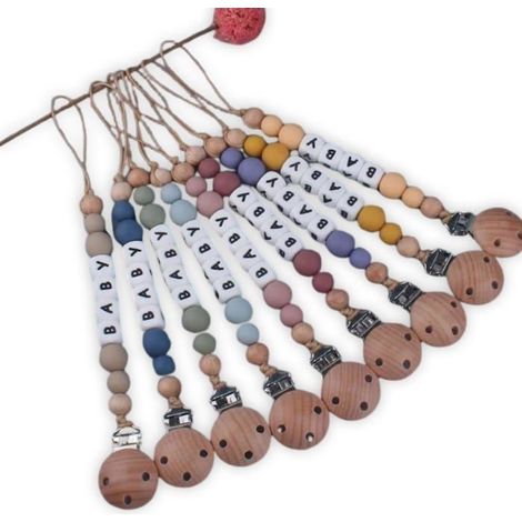 attache tétine personnalisé prénom mot au choix - bois naturel crochet - pour bébé fille garçon - 13 couleurs au choix