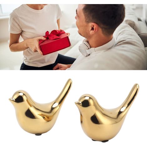Lot de 2 ornements d'oiseaux nordiques raffinés, plaqués or, en céramique légère de style nordique, pour meuble TV ou étagère de salon (réf. 7135E-07). Grande taille. (1/5)