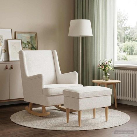 vidaXL Fauteuil avec pouf 2 pc Crème Bouclé (1/5)