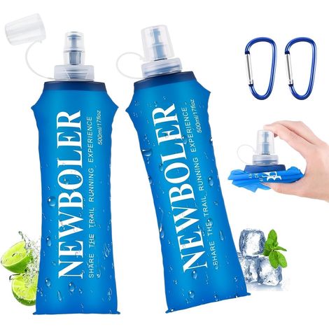 2 Pcs Gourde Souple 500 ML, Bouteille d'eau Pliable Unisexe avec 2 Mousquetons, sans BPA, Flasque Running Réutilisable en TPU pour Course à Pied, Randonnée, Escalade (1/5)