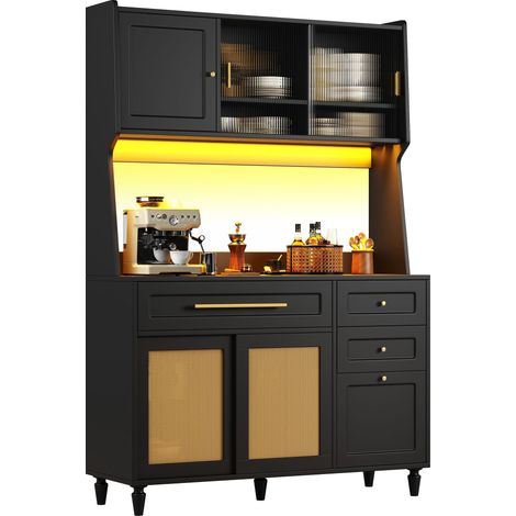 Credenza da Cucina 120x45x195,5 cm, 3 cassetti, Ante Scorrevoli in PE Rattan con Vetrina, Luci a LED, Nero, per Ristorante
