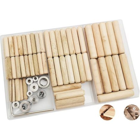 Cheville en Bois, Assortiment de Tourillon Bois, 6mm/60 pcs, 8mm/34 pcs,10mm/22 pcs Tourillon Bois, 6 pcs Pointe de Centrage et 3 pcs Butée de Profondeur, avec clé hexagonale (1/5)
