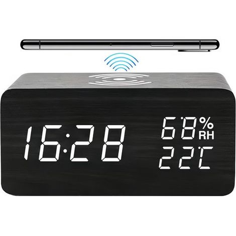 Radio-réveil numérique - Boîtier aspect bois avec affichage de la température et de l'humidité - 1 pièce - Chambre/Maison - Noir (1/5)