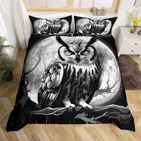 Parure de lit hibou 3D, microfibre, noir et gris, avec taie d'oreiller. B-240X220 (1/4)