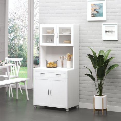 Meuble de cuisine moderne avec 2 placards, portes vitrées et étagères réglables, 80x48x170 cm, blanc (1/5)