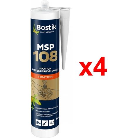 Bostik – Mastic de fixation blanc 290ml – Pack de 4 cartouches – Haute résistance pour collage vertical – Compatible tous matériaux