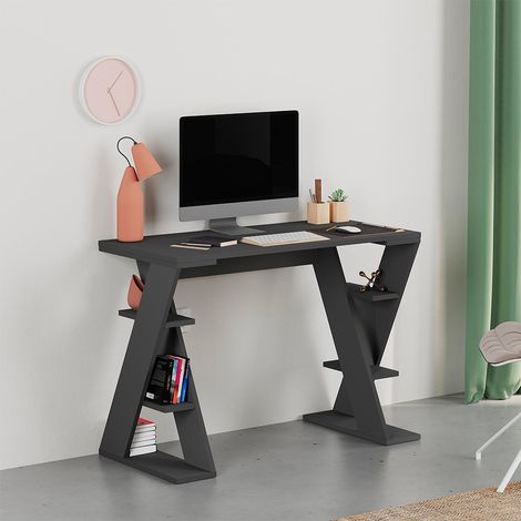 Scrivania Papillon antracite con gambe a X e ripiani integrati 106x50x75 (1/5)