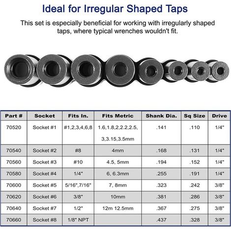 Jeu de 8 tarauds et douilles noirs, adaptateur pour clés 1/4" et 3/8", trou carré interne électrique