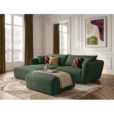 BOBOCHIC - Canapé d'angle fixe LUIGI tissu lisse avec pouf Angle gauche  Vert