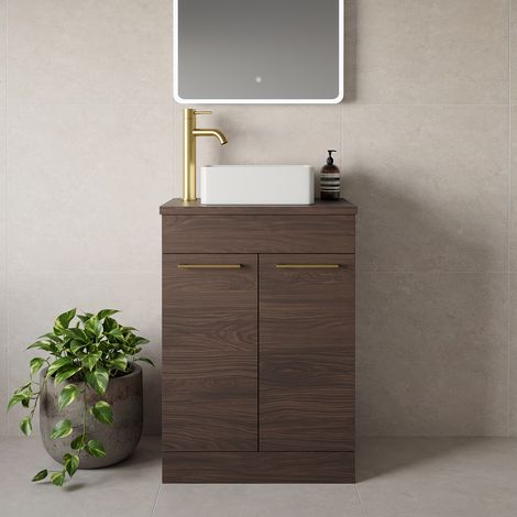 Napoli 390 Brown Oak 600mm 2 Door Vanity Unit for Countertop Basins - 600mm - Brushed Brass 160mm Handle