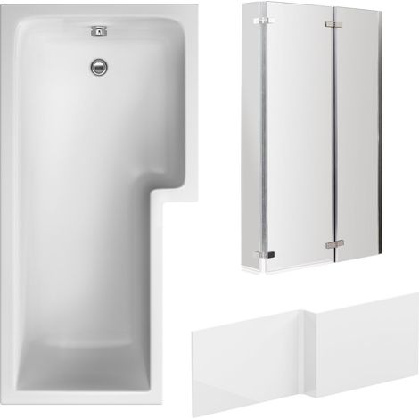L Shape 1700x850 Shower Bath Set – Front Panel & 3 Panel Chrome Center Hinge Screen (1/4)