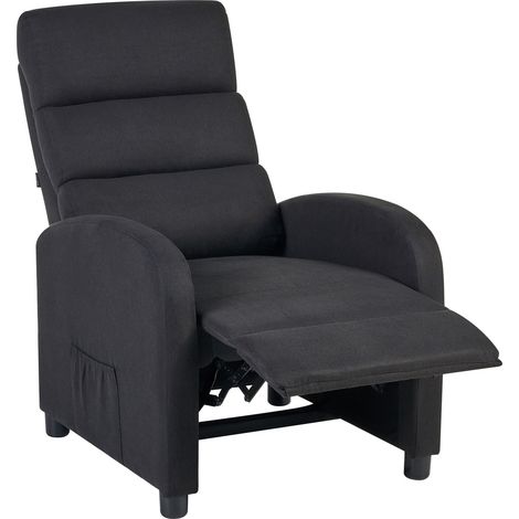Recliner Chair Black Fabric Upholstery Push-Back Manually Adjustable Back and Footrest Retro Design Armchair OTUS