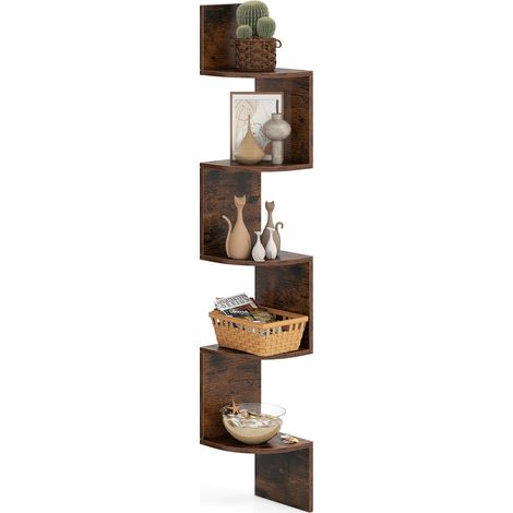 COSTWAY 5-Tier Corner Shelf Wall Mount Floating Corner Bookshelf-Brown (1/5)