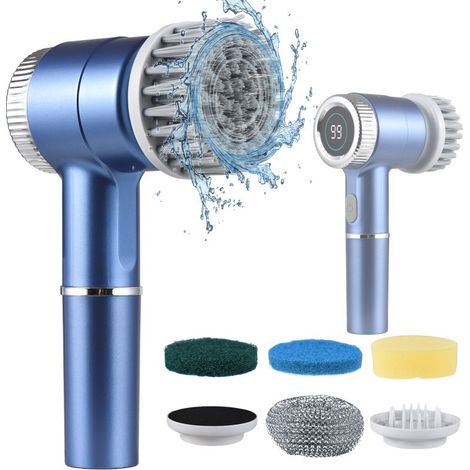 Ensemble Brosses Nettoyage Électriques Portables – Sans Fil, Étanches – 3 Vitesses, Affichage Numérique, 5 Têtes – Pour Murs, Sols, Carrelage, Cuisine, Chaussures (1/5)