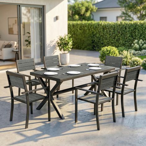 Ensemble de Salle à Manger Extérieur 7 Pièces pour 6 Personnes. Table et Chaises Empilables avec Lattes Effet Bois. Cadre en Aluminium. Gris
