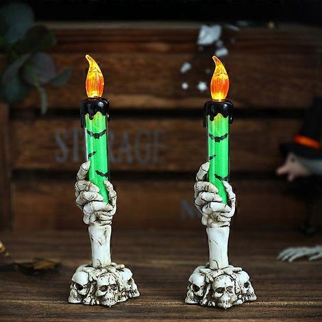 2/3 bougeoirs LED en forme de crâne pour Halloween, avec main de squelette et fantôme, sans flamme. Décoration pour fête d'Halloween ou bar. (1/5)