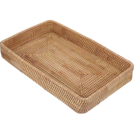 Plateau Tressé en Rotin Rectangulaire Décoratif en Bois Naturel pour Rangement et Décoration, Centre de Table pour Salle de Bain et Maison'-'- (1/5)