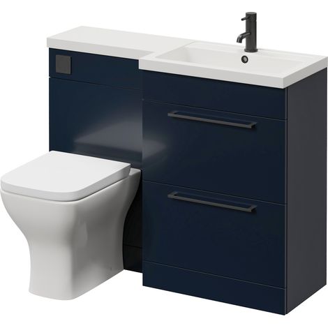 Napoli 390 Deep Blue 1100mm 2 Drawer Vanity Unit Toilet Suite with Square Right Hand Lucia Basin - 1100mm - Matt Black 320mm HandleWith Kingston Toilet Pan and Seat