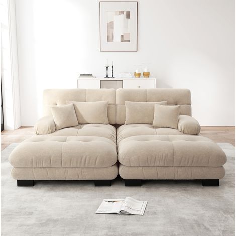 Sofá esquinero modular de chenilla en café claro con 2 otomanas, cojines lumbares y diseño cloud,220x145x81 cm (1/5)