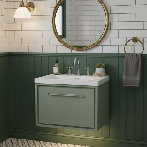Hudson Reed Lille Wall Hung 1-Drawer Vanity Unit with 3TH Contemporary Basin 600mm Wide - Fern Green