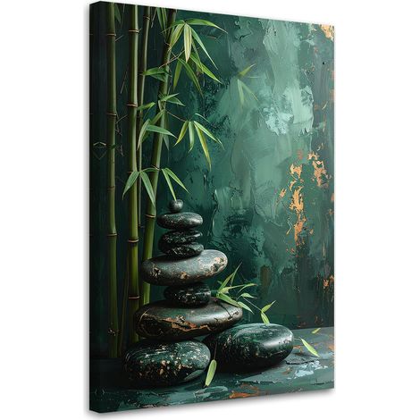 Quadro su tela, Pietre zen spa foglie di bambù in verde, 60x90 (1/5)