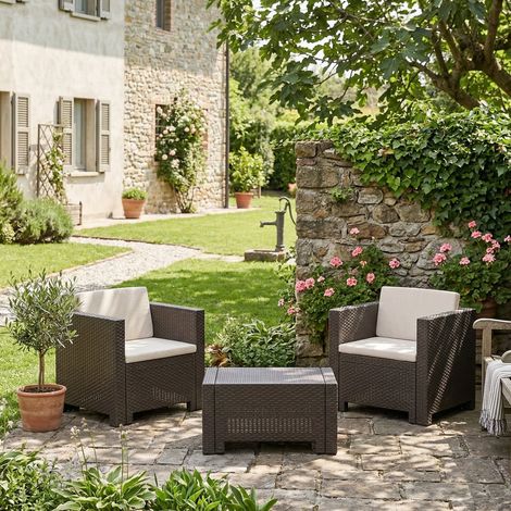 Dmora - Set salotto da esterno Camini, Salottino outdoor, Set da balcone o giardino, Composizione soggiorno per esterni, Made in Italy, Marrone (1/5)