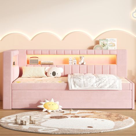 Gepolstertes 90x200 Tagesbett mit USB-Anschlüssen und LED-Gürtel, mit Ausziebett und drei Schubladen, Rosa (1/5)