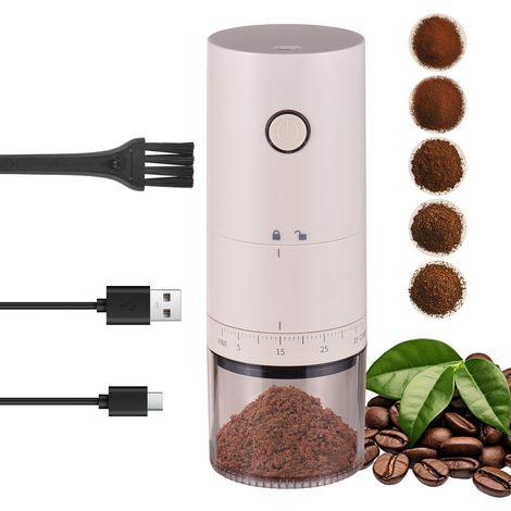 Macinacaffè elettrico portatile con macine coniche a 5 lame, 38 impostazioni di macinatura, marca non specificata, contenitore da 120 ml e batteria ricaricabile.